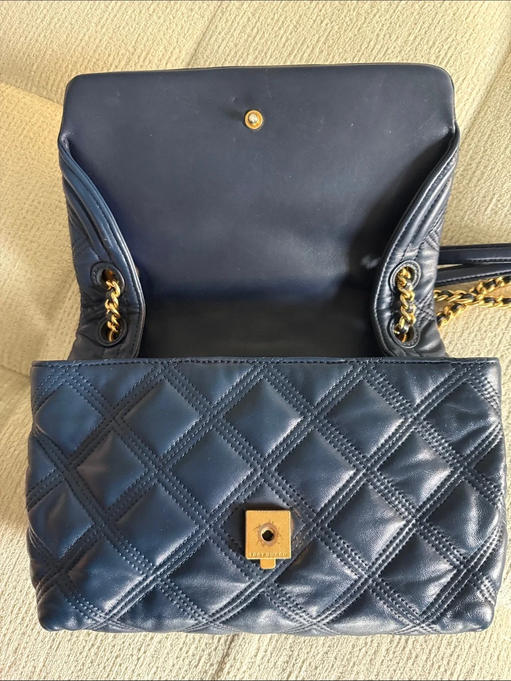 Tory Burch fleming soft convertible shoulder Bag Leather Quilted Chain Dark Blue
